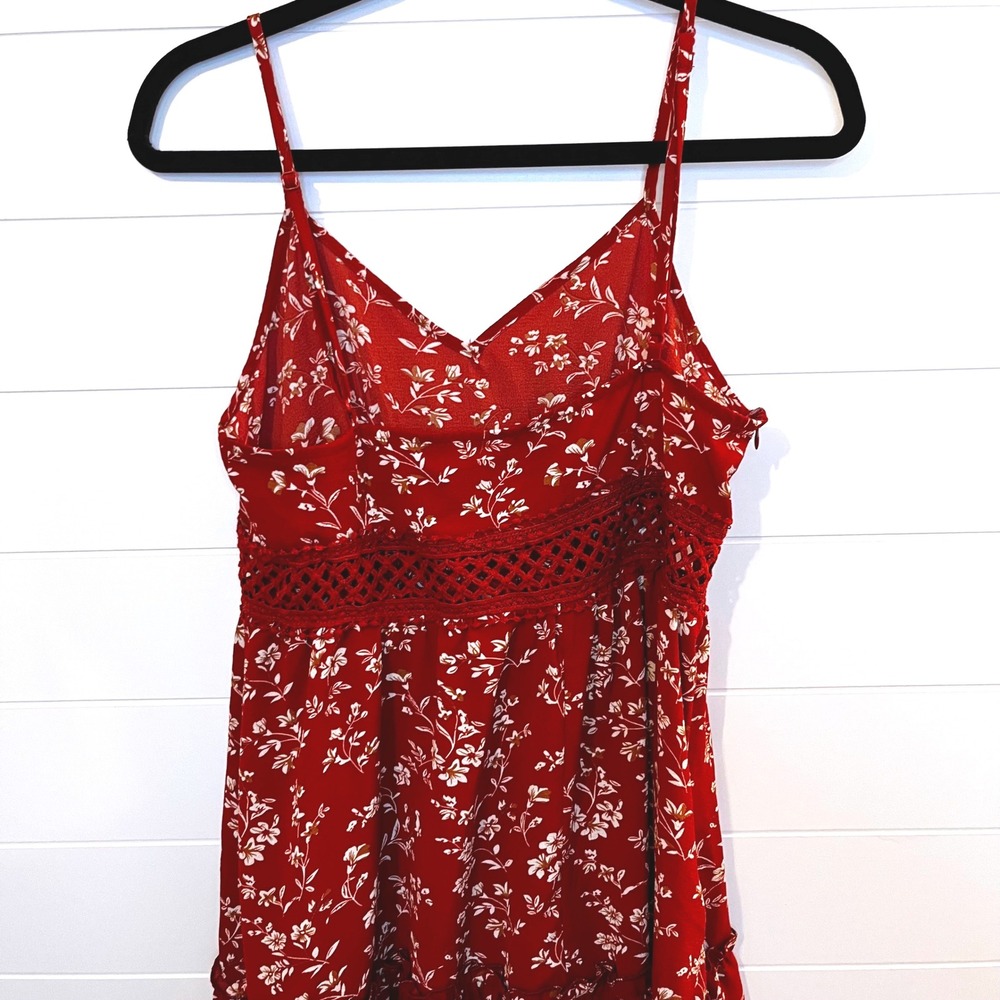 Womens Red Floral Print Mini Dress Spaghetti Straps Crochet Summer Sundress L - Picture 12 of 12